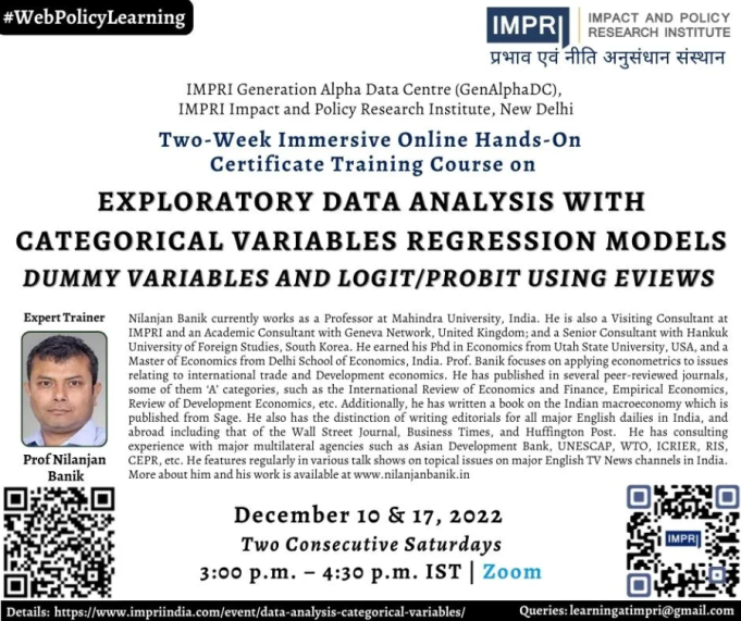 Participants List & Details: Exploratory Data Analysis with Categorical Variables Regression Models: Dummy Variables and Logit/Probit using Eviews – IMPRI Impact and Policy Research Institute Participants List & Details: Exploratory Data Analysis with Categorical Variables Regression Models: Dummy Variables and Logit/Probit using Eviews - IMPRI Impact and Policy Research Institute